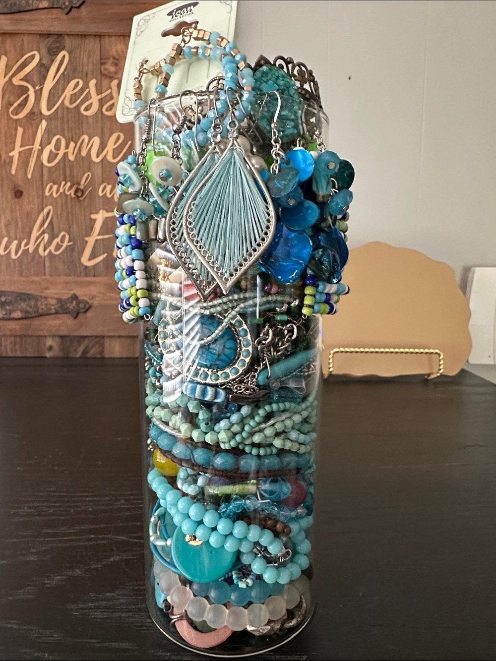 Mystery Jewelry Jar Turquoise Shades of Blue Beaded Pieces.